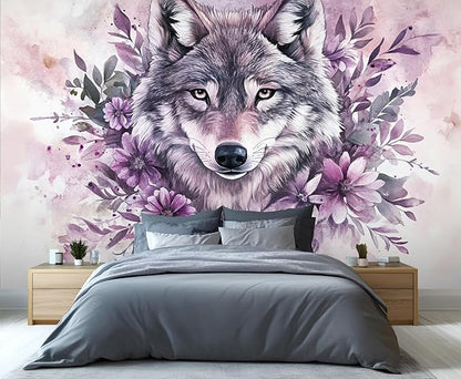Wolf with Floral Watercolor Wall Mural, Purple Wolf Watercolor Art 3D Wall Murals, Art Flower Painting Wallpaper Mural, for Living Room Bedroom Large Wallpaper Indoor Decor 169.3" W x118.2 H