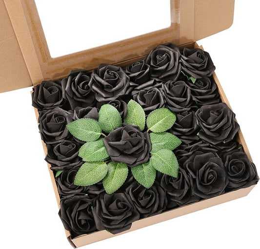 60Pcs Artificial Rose Flowers, Real Looking Fake Roses for Decorations, Foam Rose Bulk with Stems for DIY Wedding Bouquets Floral Arrangements Bridal Shower Party Home Decor (60, Black)