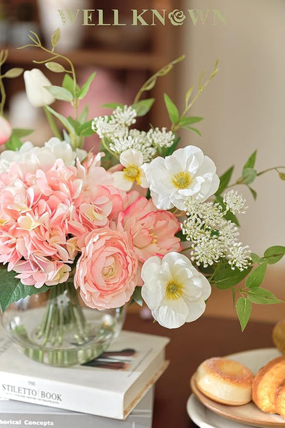 Artificial Flowers in Vase, WELL KNOWN Fake Silk Peony Tulip Hydrangea Pink & White Flower Bouquet Arrangement with Faux Water Centerpieces, Fake Flowers for Home Wedding Dining Table Party Decor Gift