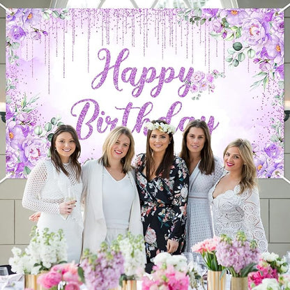 Avezano Happy Birthday Backdrop Banner for Girls Women Happy Birthday Party Decorations Floral Glitters Bday Banner Party Supplies (Purple, 6x3.6ft)