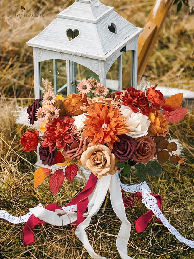 Serwalin Fall Flowers Artificial Flowers Burnt Orange Fake Cake Flowers for DIY Wedding Bridal Bouquet Centerpieces Floral Arrangement Fall Decor Baby Shower Home Decor