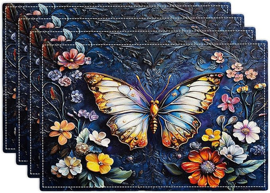 Colorful Butterfly Placemats Set of 4, Spring Place Mats, Florals Dining Table Mats, Rustic Washable Placemats for Kitchen Dining Room Home Decor 18L'' × 12W''