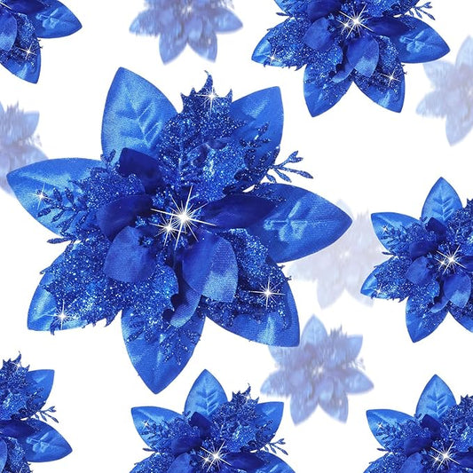 Geosar 36 Pcs Christmas Glitter Artificial Poinsettia Flowers Xmas Poinsettia Artificial Wedding Flowers Decorations Xmas Tree Ornaments with Clips for Party, 6 Inch, 4 Inch, 3 Inch(Royal Blue)