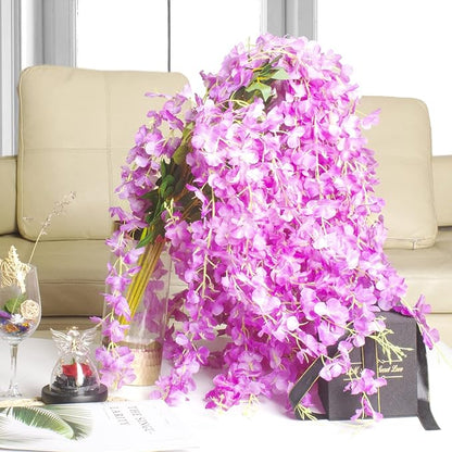 12 Pack Artificial Flowers Silk Wisteria Vine Ratta Hanging Flower (Purple)