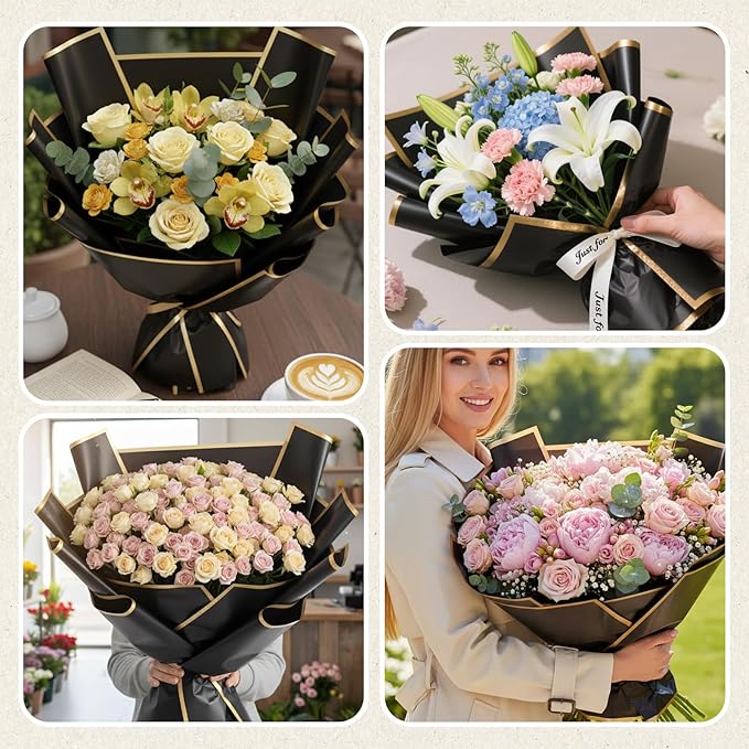 Tuojecuk Flower Bouquet Wrapping Paper, 20 Sheet Waterproof Floral Bouquet Wrapping Paper, Florist Supplies Packaging Paper for Wedding Birthday Gift (Black)