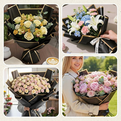 Tuojecuk Flower Bouquet Wrapping Paper, 20 Sheet Waterproof Floral Bouquet Wrapping Paper, Florist Supplies Packaging Paper for Wedding Birthday Gift (Black)
