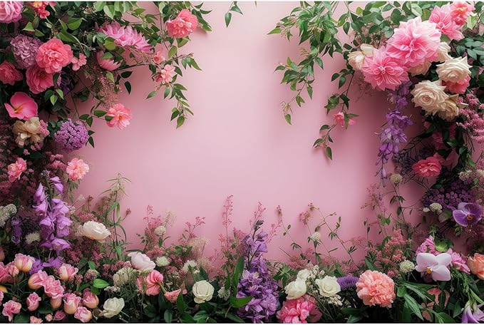 7x5ft Flowers Backdrop Colorful Flowers Composition Green Leaves on Pink Photography Background for Girls Kids Children Wall Banner Cake Table Decorations Video Studio Photo Portrait Props