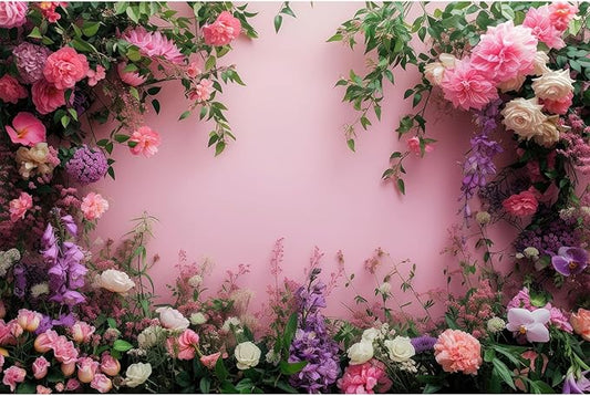 7x5ft Flowers Backdrop Colorful Flowers Composition Green Leaves on Pink Photography Background for Girls Kids Children Wall Banner Cake Table Decorations Video Studio Photo Portrait Props