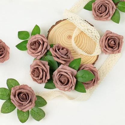 Mocoosy 50Pcs Artificial Rose Flowers, Dusty Roses for Decorations, Real Touch Fake Foam Rose Bulk with Stems DIY Wedding Bouquets Bridal Shower Centerpiece Floral Arrangements Party Home Table Decor