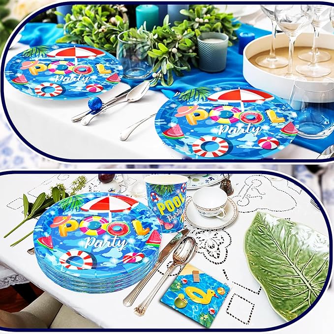 175Pcs Pool Party Supplies Beach Ball Party Set 9"Pool Party Plates 7"Beach Dessert Plate Napkins Cup Knive Fork Spoon for luau Ball Water Tube Picnic PoolBirthday Party Decor Serve25