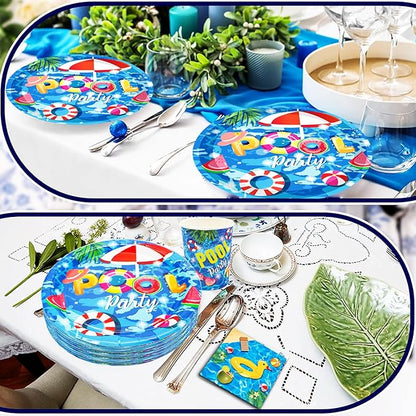 175Pcs Pool Party Supplies Beach Ball Party Set 9"Pool Party Plates 7"Beach Dessert Plate Napkins Cup Knive Fork Spoon for luau Ball Water Tube Picnic PoolBirthday Party Decor Serve25