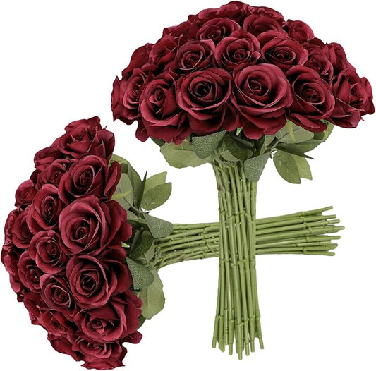 30pcs Roses Artificial Flowers Fake Flowers with Long Stems Burgundy Silk Flowers for Wedding Bouquet Centerpices Decorations Party Bridal Baby Shower Home Decor
