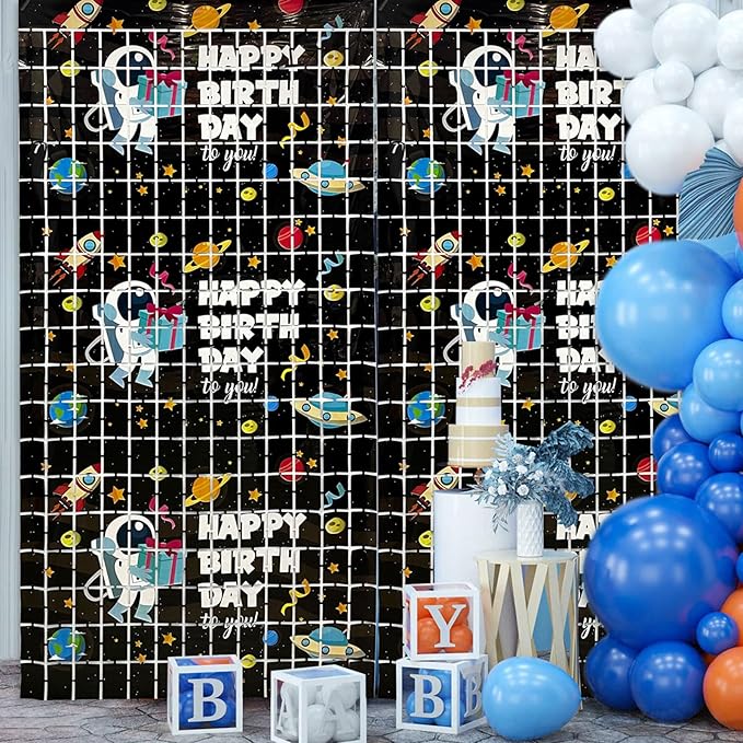 Astronaut Birthday Party Decorations 2 Pack Outer Space Foil Fringe Curtains 3.28 x 6.56Ft Space Tinsel Curtain Backdrop Black Photo Booth Backdrop for Kids Boys Girls Galaxy Birthday Baby Shower