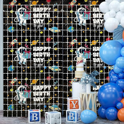 Astronaut Birthday Party Decorations 2 Pack Outer Space Foil Fringe Curtains 3.28 x 6.56Ft Space Tinsel Curtain Backdrop Black Photo Booth Backdrop for Kids Boys Girls Galaxy Birthday Baby Shower