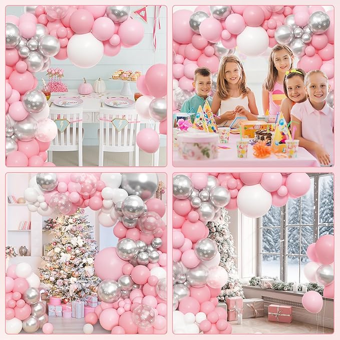 Amandir 153pcs Pink Silver Balloon Arch Garland Kit, Different Sizes 18 12 10 5 inch Pink White Latex Metallic Confetti Snowflake Balloons for Winter Wonderland Princess Baby Shower Party Decorations