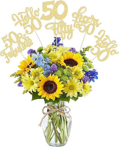Gyufise 15Pcs 50th Birthday Centerpiece Sticks Fifty Happy 50th Table Flower Centerpieces Sticks Cheers to 50 Floral Decorations for 50th Birthday Party Centerpieces Supplies Gold
