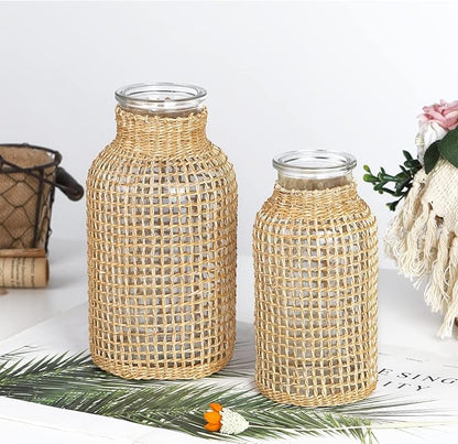 WHJY Boho Glass Vase, Rattan Vase, Farmhouse Rattan Décor, Round Flower Vase Basket Vase for Floral Arrangements -6.3 inch
