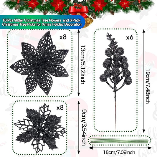 Zhuqing 22Pcs Christmas Poinsettia Artificial Flowers and Glitter Berries Stems Kit, 16Pcs Christmas Tree Flowers Ornaments and 6 Pack Christmas Tree Picks for Wedding Holiday Decorations (Black)