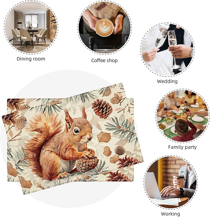 Squirrel Placemats Set of 6 Pine Cone Branch Fall Autumn Watercolor Table Mats Washable Place Mats for Home Party Indoor Kitchen Dining Table Decoration 12x18 Inch