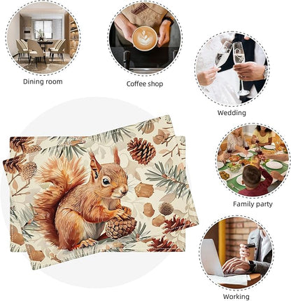 Squirrel Placemats Set of 6 Pine Cone Branch Fall Autumn Watercolor Table Mats Washable Place Mats for Home Party Indoor Kitchen Dining Table Decoration 12x18 Inch