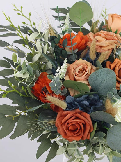Rinlong Fall Wedding Bouquets for Bride Navy Blue Burnt Orange Bridal Bouquet for Wedding Terracotta Bouquets Boho Artificial Flowers