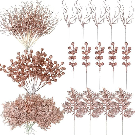 75 Pcs Christmas Glitter Branches 3 Styles Artificial Christmas Picks Berries Stems Pine Needles Floral Twig Spray for Xmas Tree Ornaments DIY Wreath Garland(Rose Gold)