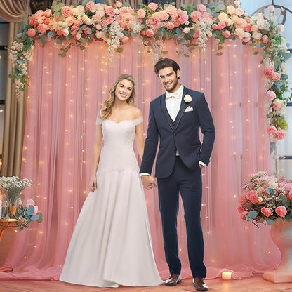 10x10ft Dusty Rose Tulle Backdrop Curtain with Lights String for Parites, Sheer Backdrop Curtains for Wedding Baby Shower Birthday Party Photo Shoot Decorations