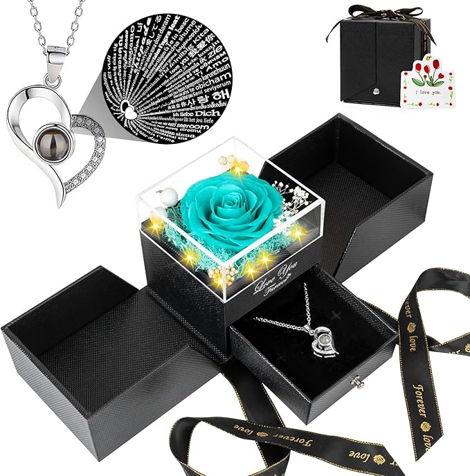 Preserved Light Blue Real Rose with I Love You Necklace -Eternal Flowers Rose Gifts for Mom Grandma Wife Girlfriend Gifts for Her Christmas Birthday Anniversary