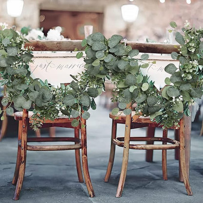 SOMYTING Artificial Eucalyptus Garland with White Flowers 2 Packs 5.9Ft Silver Dollar Leaves Eucalyptus Garland Faux Greenery Vines for Wedding Arch Table Runner Mantle Party Room Decor