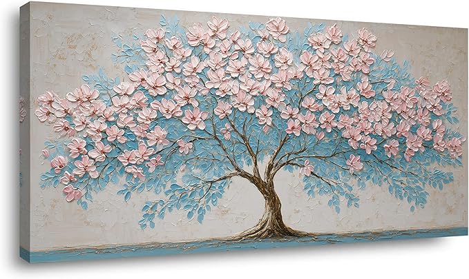 IDAFU Pink Tree of Life Canvas Wall Art Pink Flower Tree Wall Décor Abstract Pink Flowering Tree on Teal Blue Nature Landscape Painting Ready for Living Room, Bedroom, Office Home Décor 40L x 20W