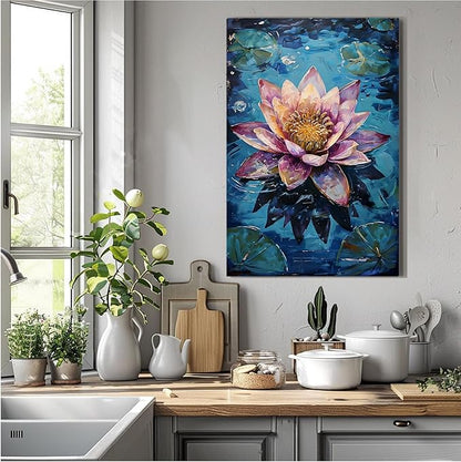 Gorgeous pink and purple water lilies on deep blue water Eye-catching oil painting Serene aquatic wall art for modern home decor 16x24in Frameless