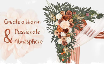 Wedding Arch Flowers with Drapes Kit (Pack of 4) - 2pcs Artificial Terracotta Deluxe Swag with 2pcs Sheer Drapes for Wedding Ceremony Arbor Reception Backdrop Rose Floral Decoration
