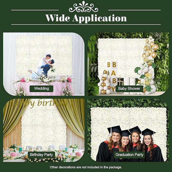 Gdrasuya10 20 PCS White Artificial Flowers Wall Panel,24''x16''Backdrop Flower Panels Decor,Romantic Floral Backdrop Artificial Flower Silk Fabric Wall Panels Decor
