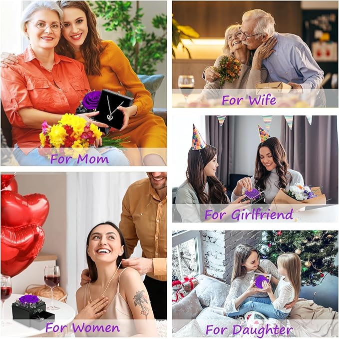 Gifts for Mom Birthday, Preserved Real Purple Rose with Necklace, Eternal Roses Forever Flowers Gifts for Women Girlfriend Mom Grandma Wife Mother's Day Birthday Anniversary