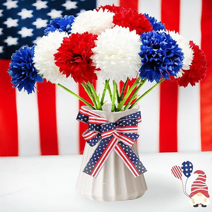 Tinsow 12 pcs Artificial Flower Patriotic Memorial Bouquet Red White and Blue Faux Ball Chrysanthemum Bouquet 4th of July Flowers Silk Flowers Arrangement for Home Party Centerpiece Vase Decor