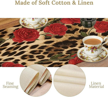 Red Rose Leopard Print Table Runner, Romantic Vintage Rose Flower Spring Summer Dinner Runner Table Decoration for Home Kitchen Dining Holiday Wedding Party 13x120in