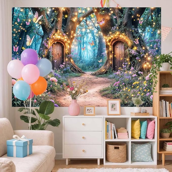 20X10ft Enchanted Forest Backdrop Fairy Enchanted Wonderland Garden Floral Butterfly Photography Background for Kids Girls Baby Shower Birthday Party Decoration Banner Cake Table Photo Booth Props