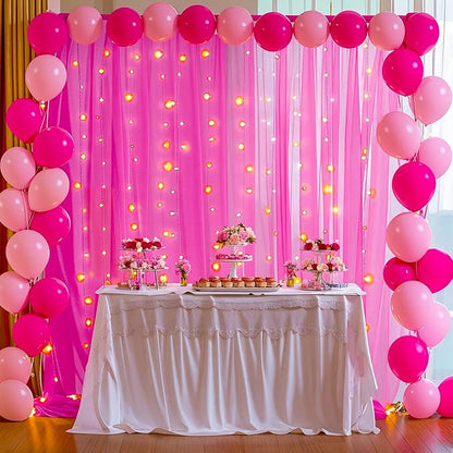 10x10ft Hot Pink Tulle Backdrop Curtain with Lights String for Parites, Sheer Backdrop Curtains for Wedding Baby Shower Birthday Party Photo Shoot Decorations