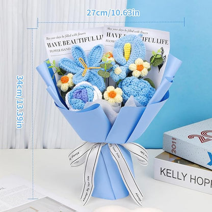 Crochet Flowers Bouquet, Handmade Crochet Flowers Knitted Bouquet, Tulips Flower Bouquet and Calla Lily for Birthday, Gifts for Women, Valentines (Blue)