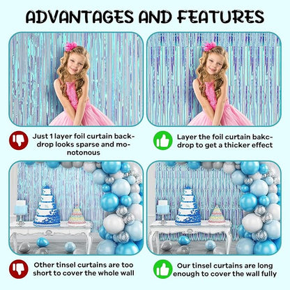 2 Pack 3.3x8.2 Feet Neon Iridescent Foil Fringe Backdrop Curtains, Tinsel Streamers Birthday Party Decorations, Fringe Backdrop for Graduation, Baby Shower, Gender Reveal, Disco Party