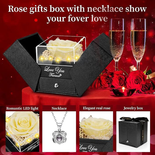 Preserved Lemon Yellow Real Rose with Heart I Love You Necklace -Eternal Flowers Rose Birthday Gifts for Women Her Mom Wife Girlfriend Grandma on Valentines Mothers Day Christmas Anniversary Romantic