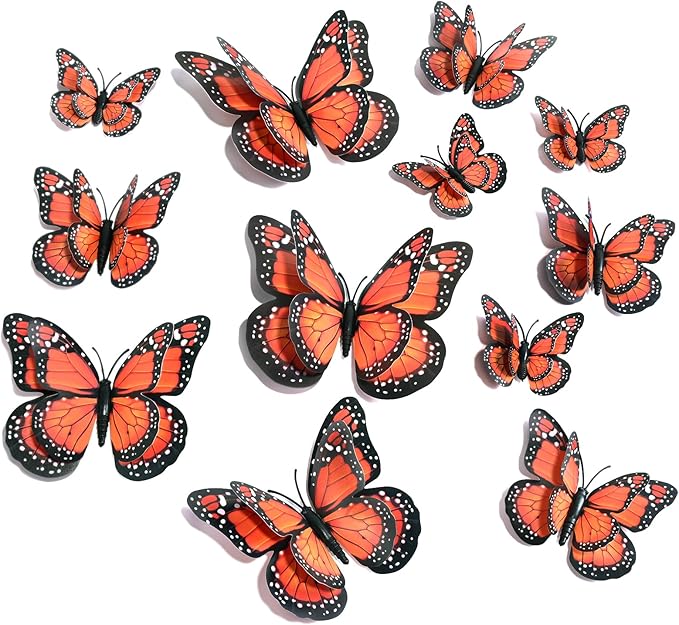 SAOROPEB 3D Butterfly Wall Decor, 24 Pcs Double Layer Butterfly Decorations for Party Decorations Locker Decor Refrigerator Decal, Reusable (Monarch)