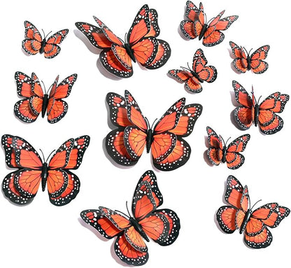 SAOROPEB 3D Butterfly Wall Decor, 48 Pcs Double Layer Butterfly Decorations for Party Decorations Locker Decor Refrigerator Decal, Reusable (Monarch)