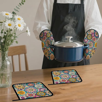 Vintage Mandala Oven Mitts and Pot Holders,Floral Flower Heat Resistant Oven Mitts Gloves and Pot Holder for Home Kitchen Decorations Cooking Baking BBQ Gifts,Set of 4