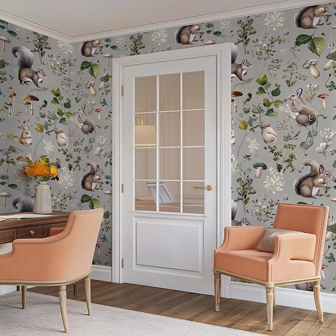 Whimsical Peel and Stick Floral Animal Contact Paper Squirrel Rabbit Removable Botanical Leaf Wallpaper 17.7" x 118.11" Wall Paper Watercolor Self Adhesive for Classroom Bedroom laundry room bathroom
