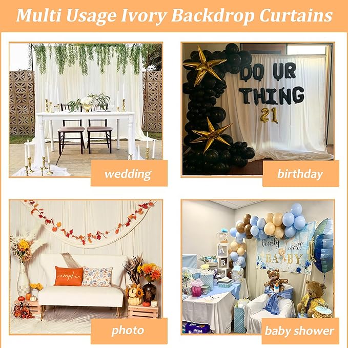Wish Care Ivory Backdrop Curtains - 6 Panels, Wrinkle-Free, Polyester, Photography Drapes for Wedding, Baby Shower, Photo Background Decorations - 24 X10FT (Ivory)