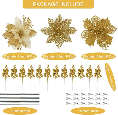 RECUTMS 66 Pcs 3 Styles Christmas Glitter Poinsettia Flowers Artificial Berry Picks Christmas Tree Ornaments Artificial Christmas Flowers with Clips for Xmas Wedding Wreath Floral Decorations (Gold)