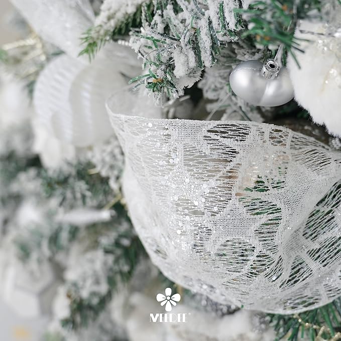 MEEDEE 6 Inch Wide Wired Ribbon White Glitter Mesh Web Wired Edge Ribbon by 10 Yards Roll White Mesh Wired Ribbons for Christmas Tree, Garland, Holiday Crafts, Bows, Centerpiece, Gift Wrapping