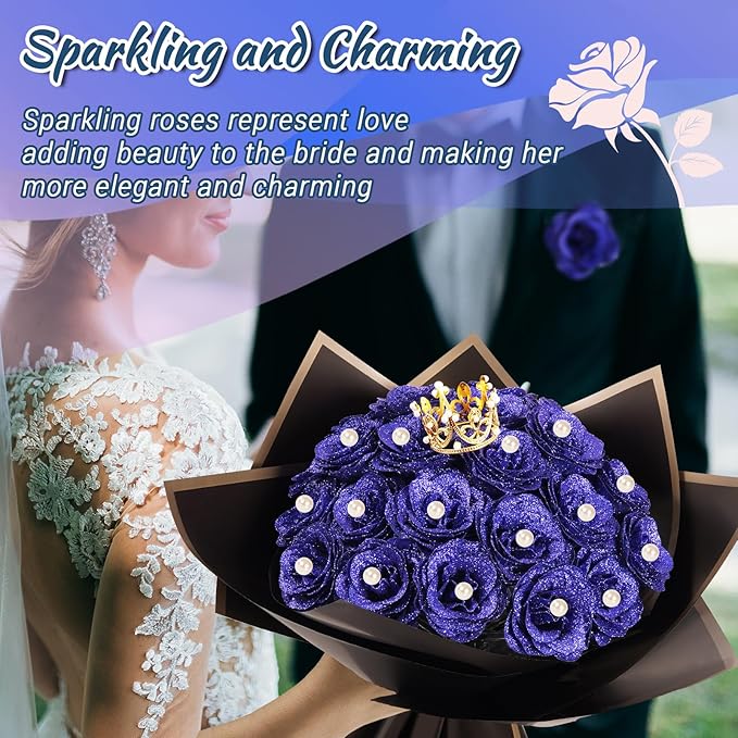 Glitter Roses Bouquet,DIY Fake Glitter Bouquets, Everlasting Shiny Artificial Rose Bouquet with Flower Wrapping Paper Crowns Cards for Mother's Day Graduation Wedding Anniversary(Blue),25 Pcs