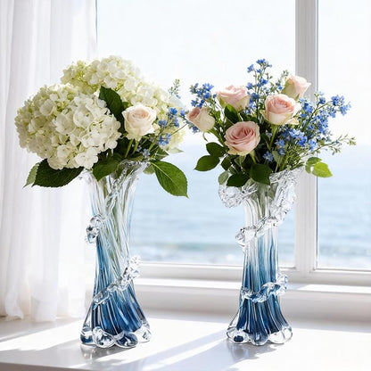 9.8" H Blue Blown Glass Vase, Modern Art Hand Blown Coastal Vase,Beautiful Unique Ocean Wave Centerpieces for Living Room, Bedroom, Office Desktop,Coffee Table and Wedding Decorative (M)